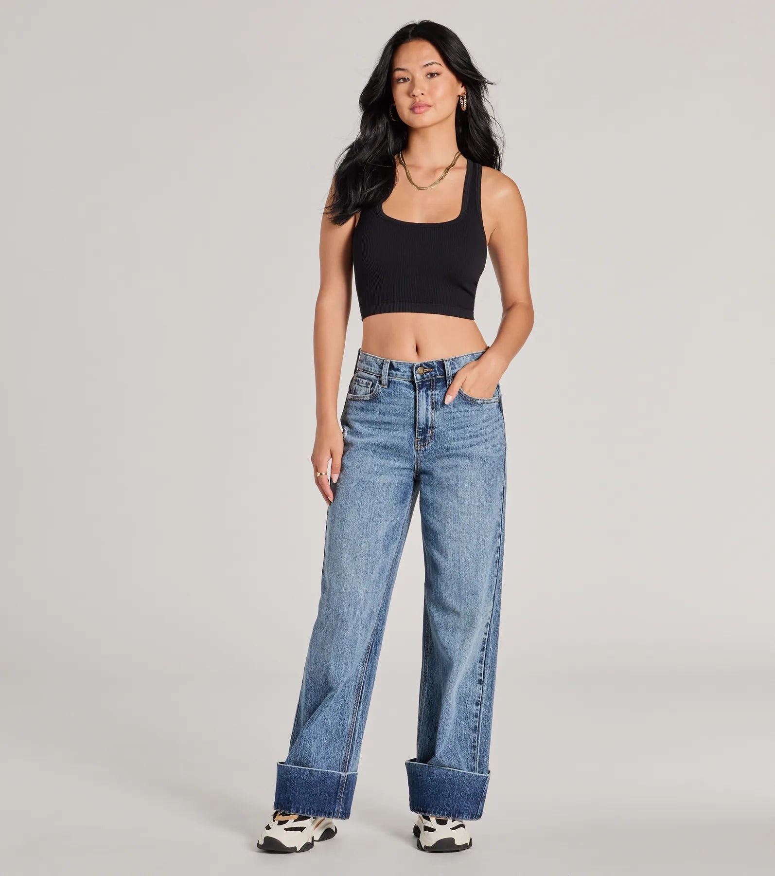 Simple Style Cool Trend High-Rise Cuffed Wide-Leg Denim Jeans