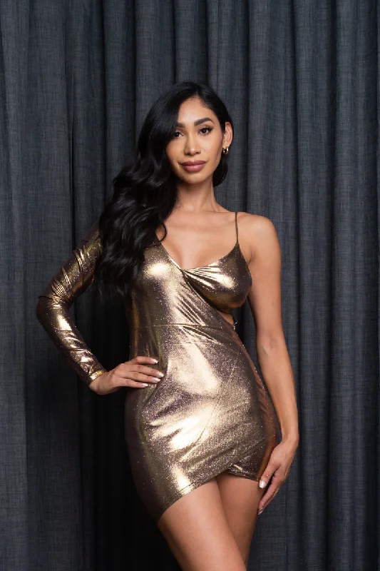 Exclusive Customization Gilded Trophy One Shoulder V Neck Mini Dress with Asymmetrical Hem in Metallic Bronze (AD-8028) Exclusive Customization Gilded Trophy One Shoulder V Neck Mini Dress with Asymmetrical Hem in Metallic Bronze (AD-8028)