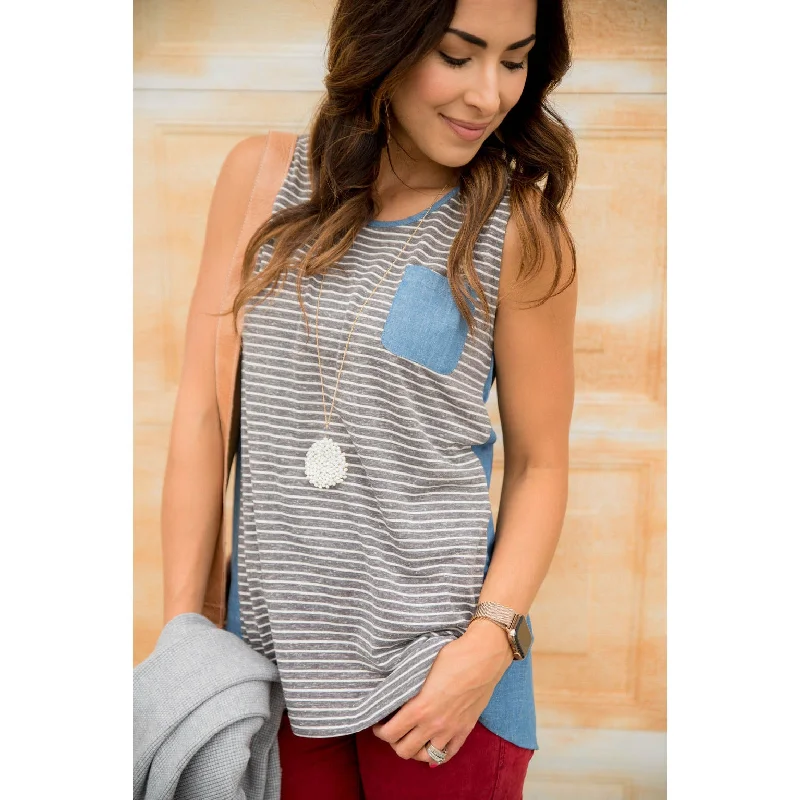 Celebrity Style Striped Chambray Back Tank