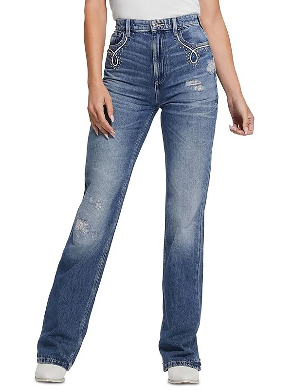 Simple And Comfortable 80s Womens Embellished High Rise Straight Leg Jeans