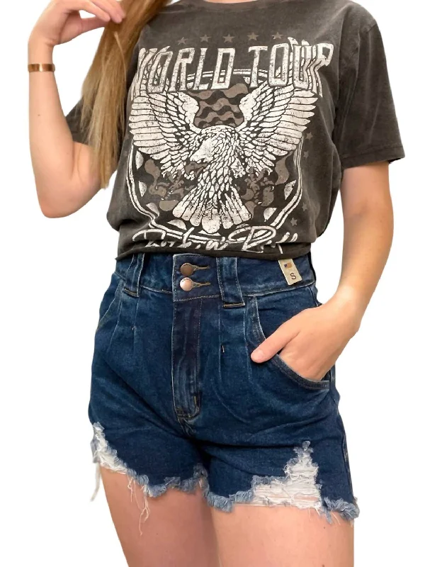 Slightly Flared Design Buckle Up Babe Denim Short In Dark-Washed