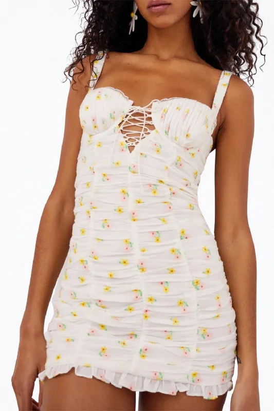 Sports And Leisure Celia Shirred Floral-Embroidered Lace-Up Open-Back Mini Dress In White Floral