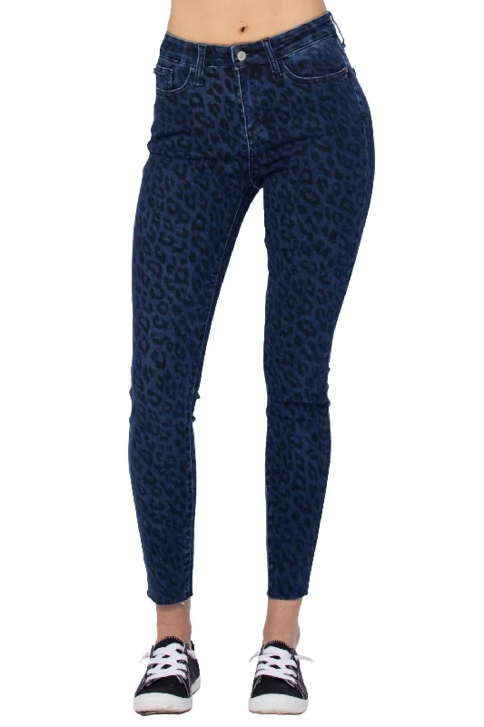 Sweet Style Cheetah Print Skinny Jean In Medium Blue