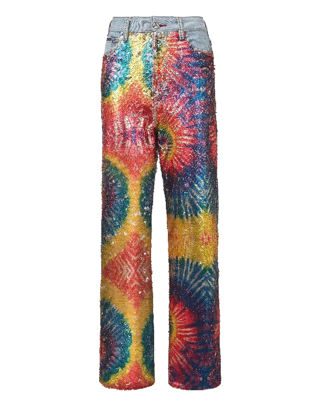 Celebrity Style Denim Super Loose Fit Paillettes Multicolor Tie dye