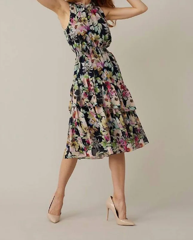 Slightly Flared Design Floral Halter Dress In Midnight Blue/Multi