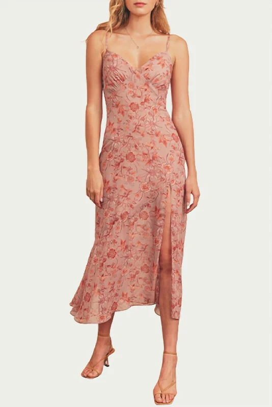 Celebrity Style Floral-Print Tie-Detailed Midi Slip Dress In Mauve/Multi