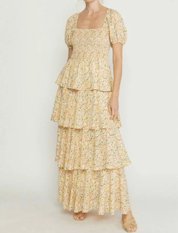 Sports Design Floral Print Tiered Maxi Dress in Orange