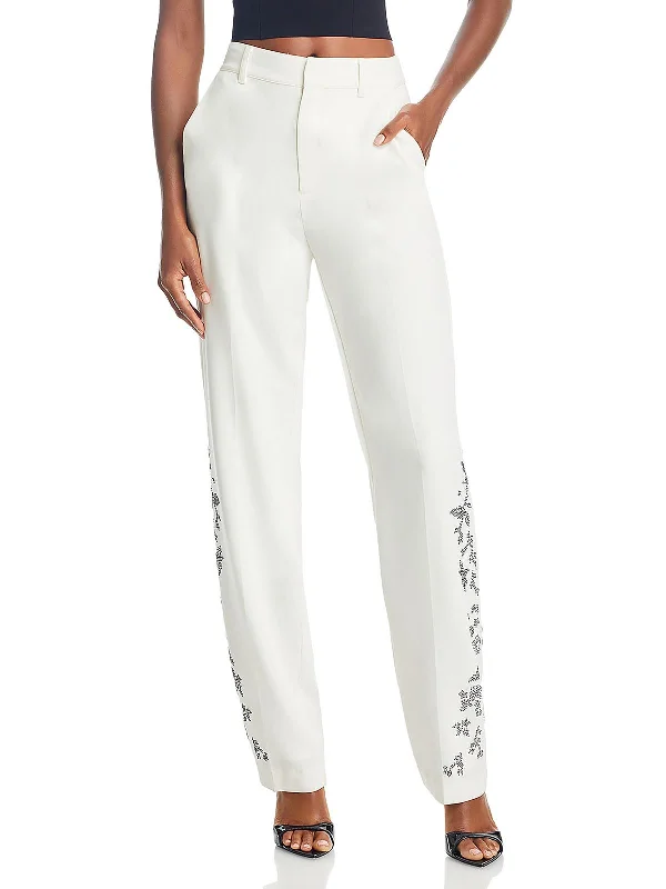 Retro Fashion Heatset Womens Knit Embellished Straight Leg Pants
