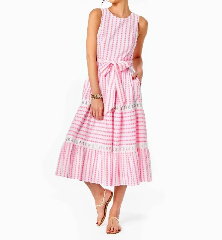 Elegant And Casual Maybella Tiered Midi Dress in Gingham Stripe Jacquard