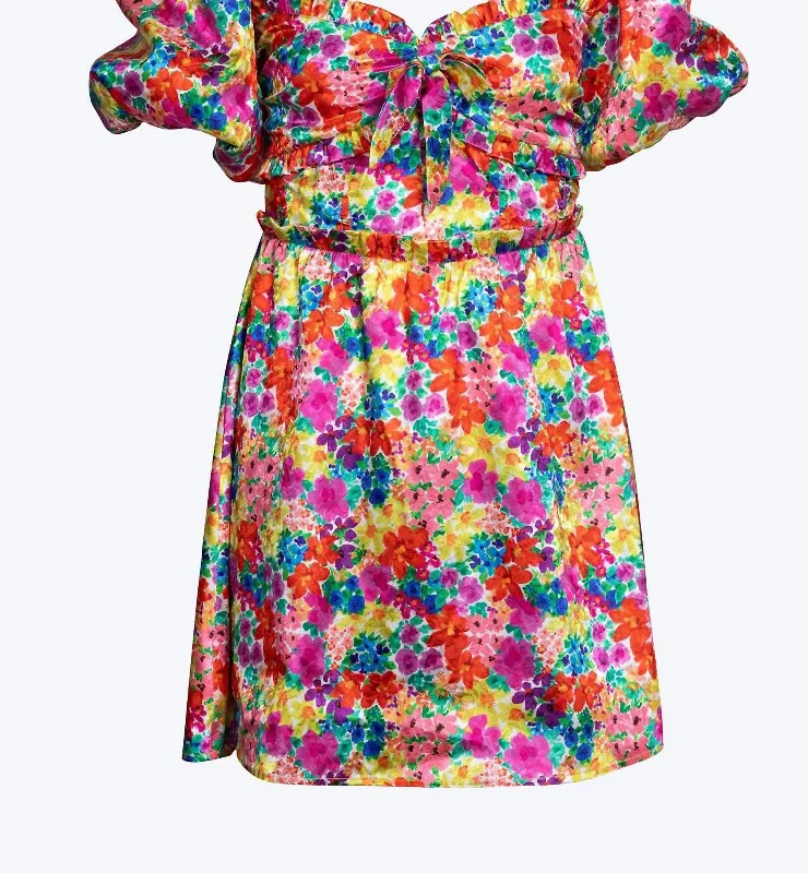 Elegant And Simple Merrill Puff Sleeve Open-Back Satin Jacquard Mini Dress in Multi