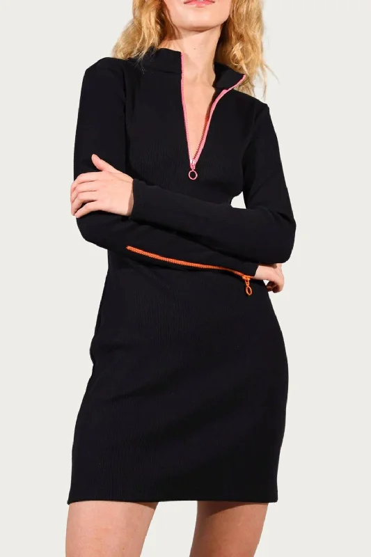 Comfortable And Versatile Multicolor Zipper Ribbed-Knit Mock Neck Mini Dress In Black