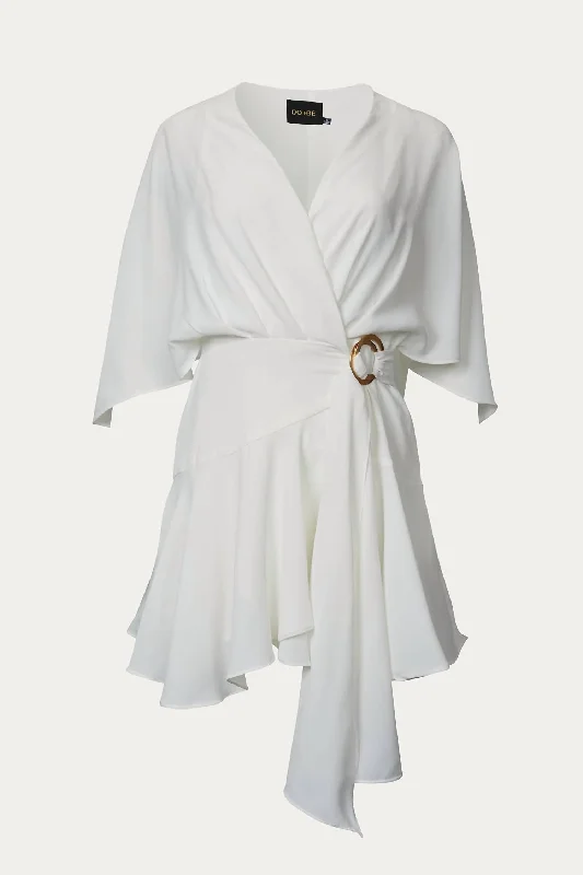Diamond Series Ruffled Woven Wrap Mini Dress In Off White