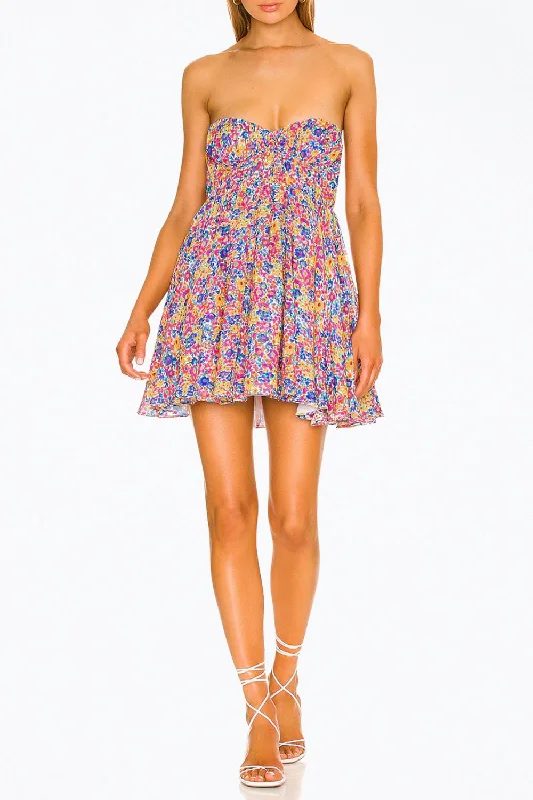 Youthful Street Fashion Sasha Floral-Print Strapless Bustier Mini Dress In Blue