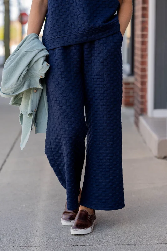 Simple Solid Color Subtle Checkered Relaxed Bottom Pants