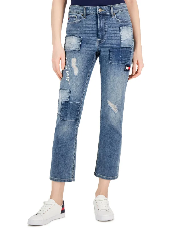 Romantic And Fresh Womens Patchwork Distressed Ankle Jeans