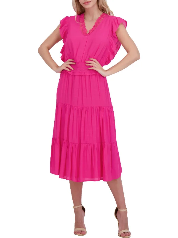 European And American Style Womens Ruched Flutter Sleeve Maxi Dress