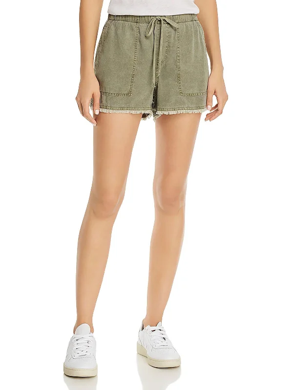 French Retro Womens Tencel Frayed Hem Casual Shorts