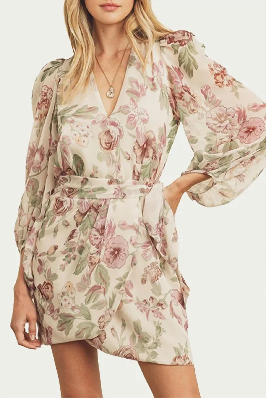 Simple Style Wrap-Effect Floral-Print Georgette Mini Dress In Cream/Lavender