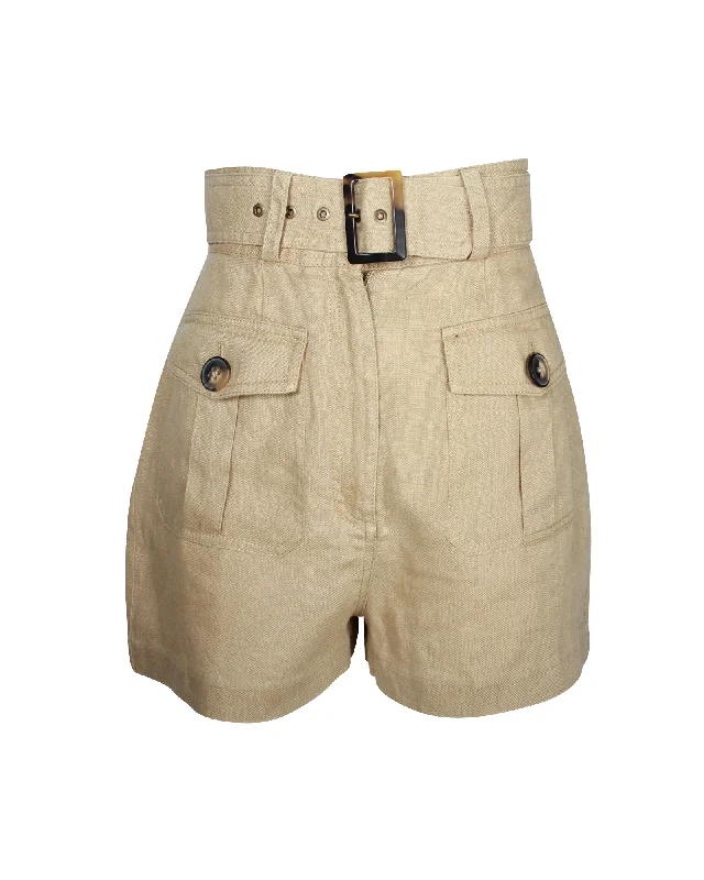 Classic Retro Zimmermann Belted High-Waist Shorts in Beige Linen